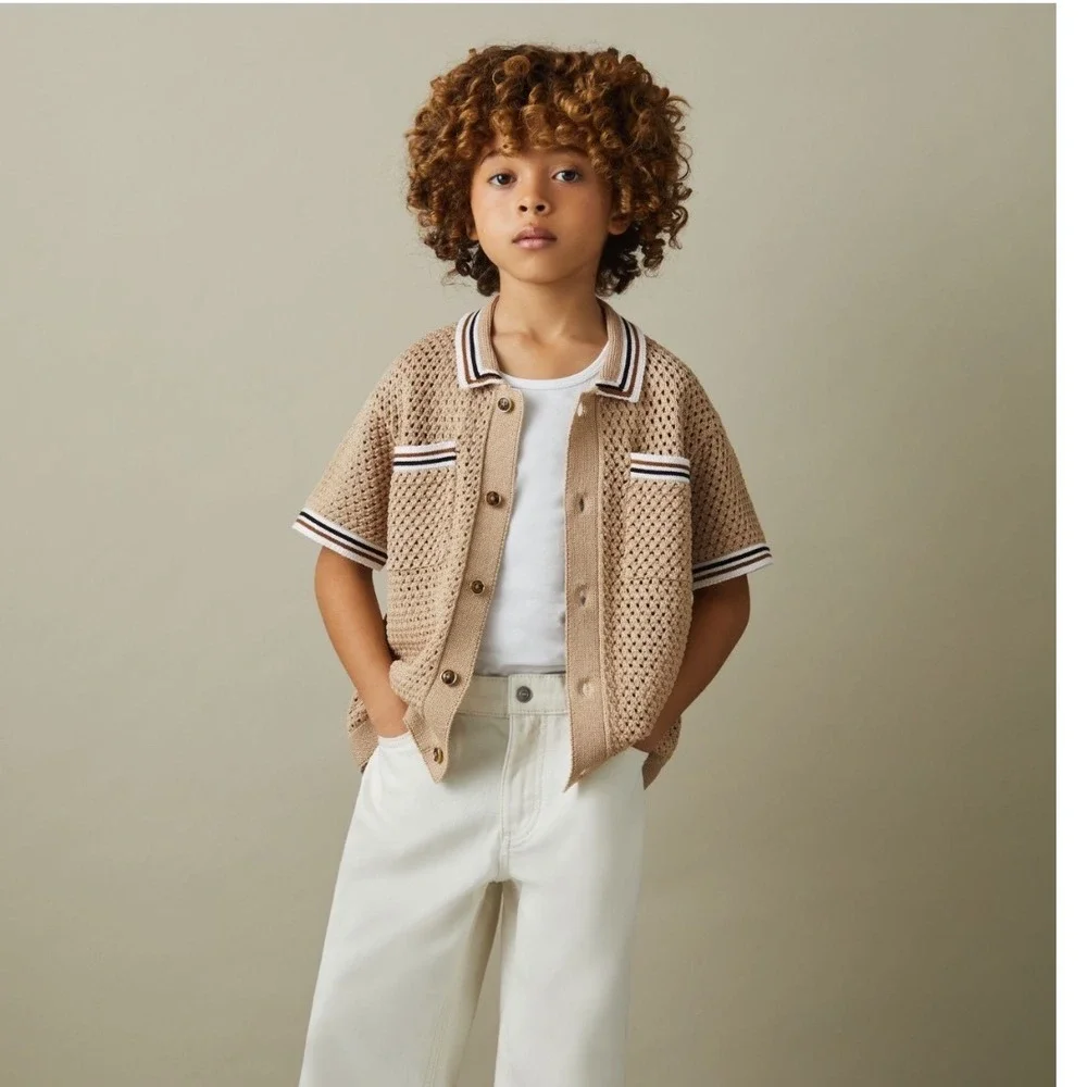 New Reiss Coulson Jr Boys Soft Taupe Crochet Knit Contrast Trim Shirt 3-4Y 104cm